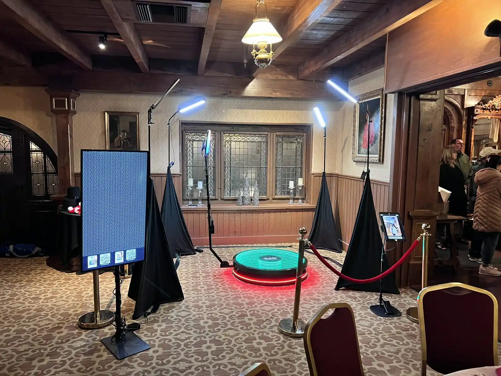 360 video booth set up at a rustic lodge venue